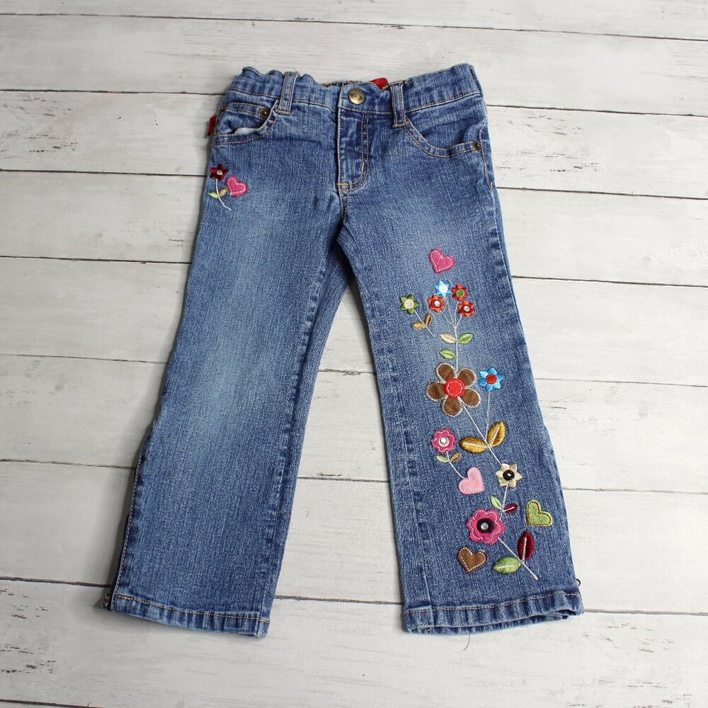 Vintage Bongo Denim Blue Jeans Girl's Size 2T Embroidered Floral Flare